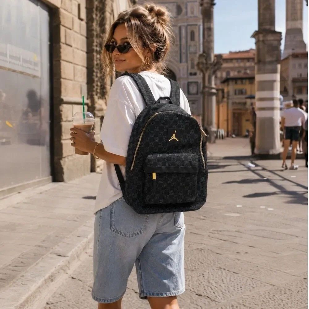 Jordan Monogram Backpack Womens 25L Black Gold Zip Jumpman School Travel Bag